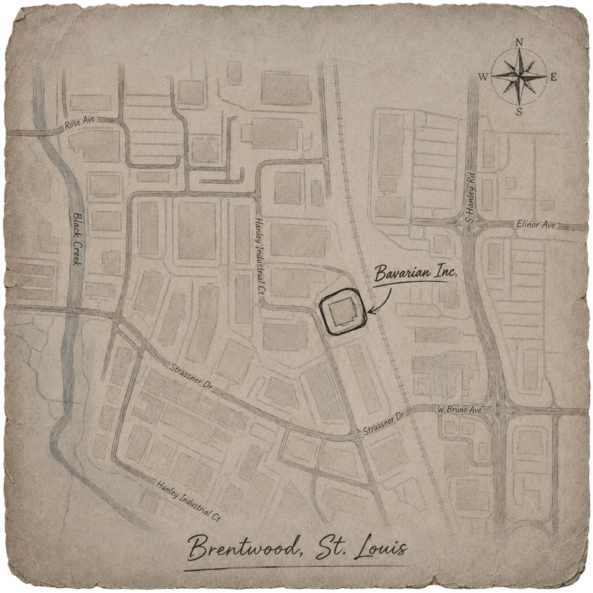 Vintage-style map illustration of Bavarian Enterprises BMW & MINI repair shop location in Brentwood, St. Louis, Missouri