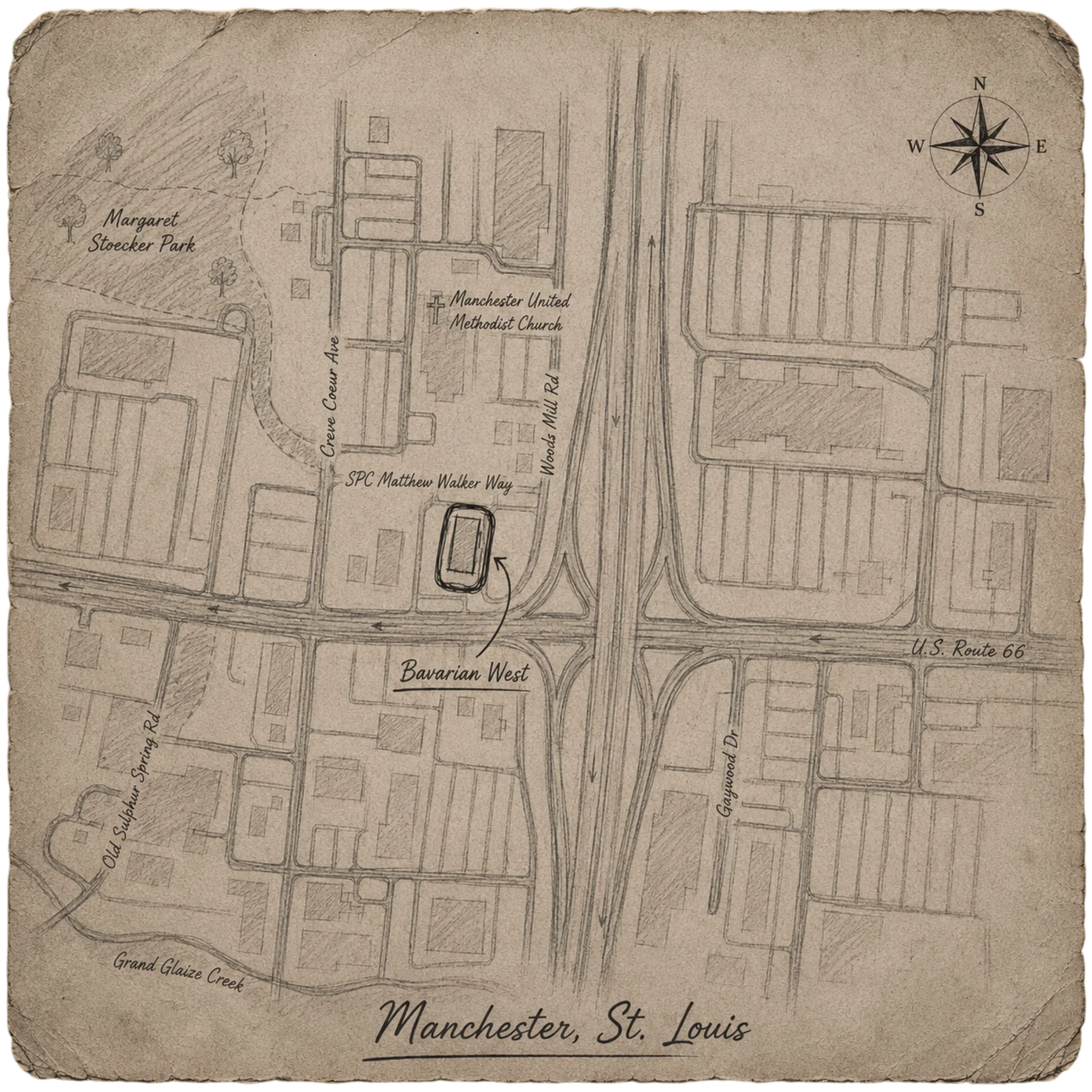 Vintage-style map illustration of Bavarian West BMW & MINI repair shop location in Manchester, St. Louis, Missouri